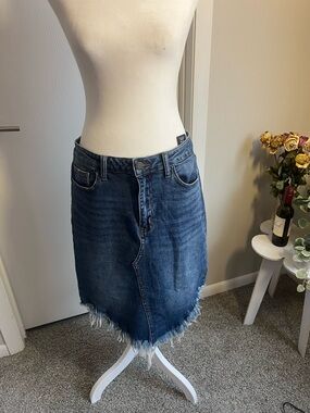 Asymmetrical Dark Blue Denim Frayed Hem Skirt